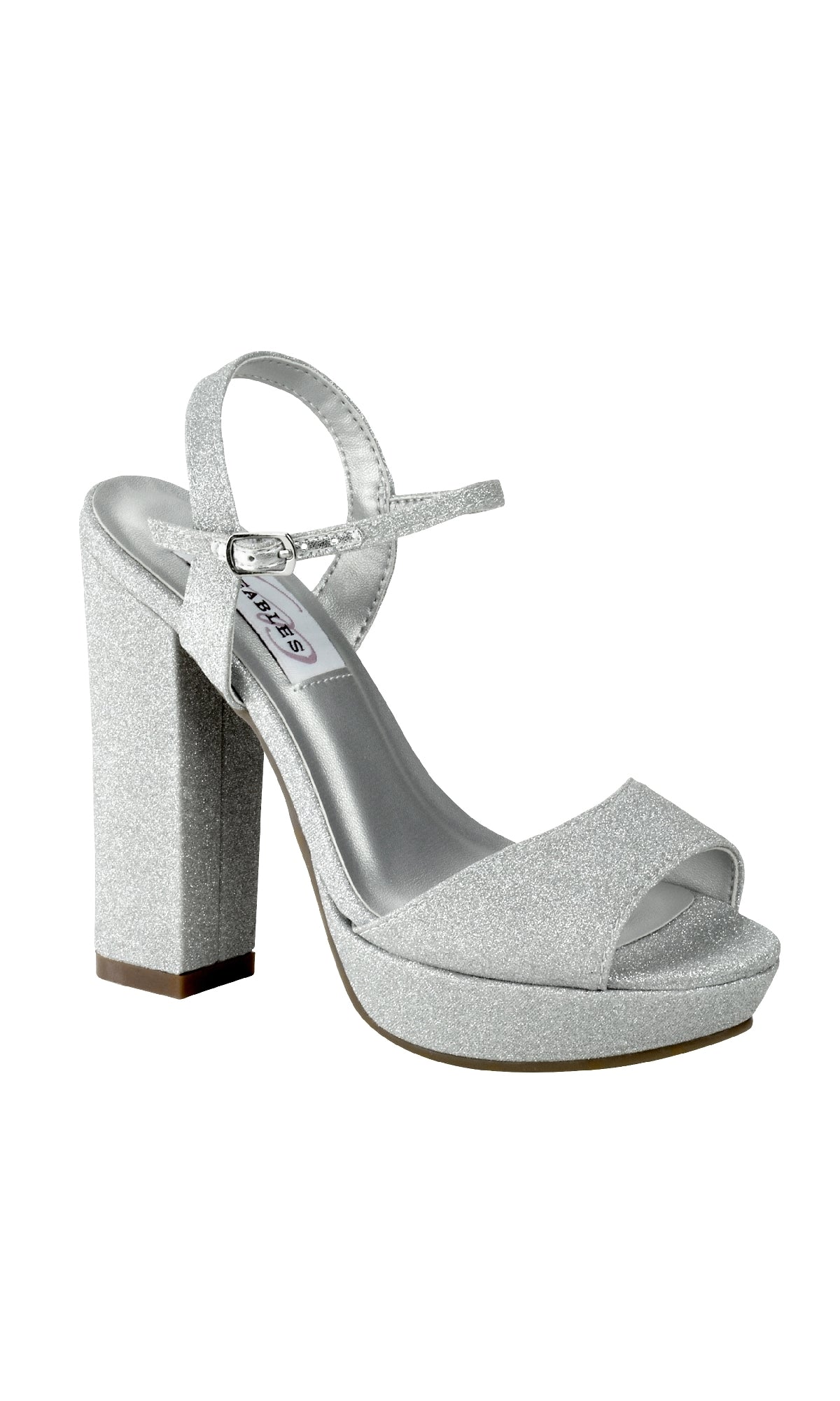 Shine at your next event in the Whitta Silver Glitter Prom Shoes—Dyeables 55717—with open-toe design, ankle strap, and platform sole for extra glam.